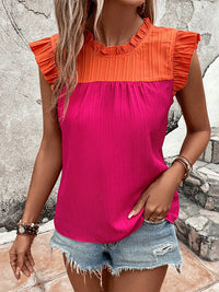 Flying Sleeves Loose Contrast Color Pleated Ruffled Split-Joint Round-neck Vest Top