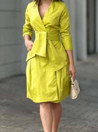 Long Sleeves Solid Color Tied Waist Deep V-Neck Mini Dresses