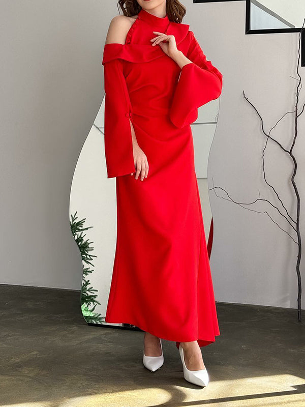 Flared Sleeves Asymmetric Buttoned Hollow Solid Color Zipper Cold Shoulder Evening Dresses Maxi Dresses