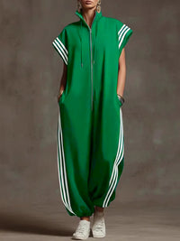 Loose Plus Size Contrast Color Pockets Split-Joint Striped Zipper Stand Collar Jumpsuits Ninth Pants