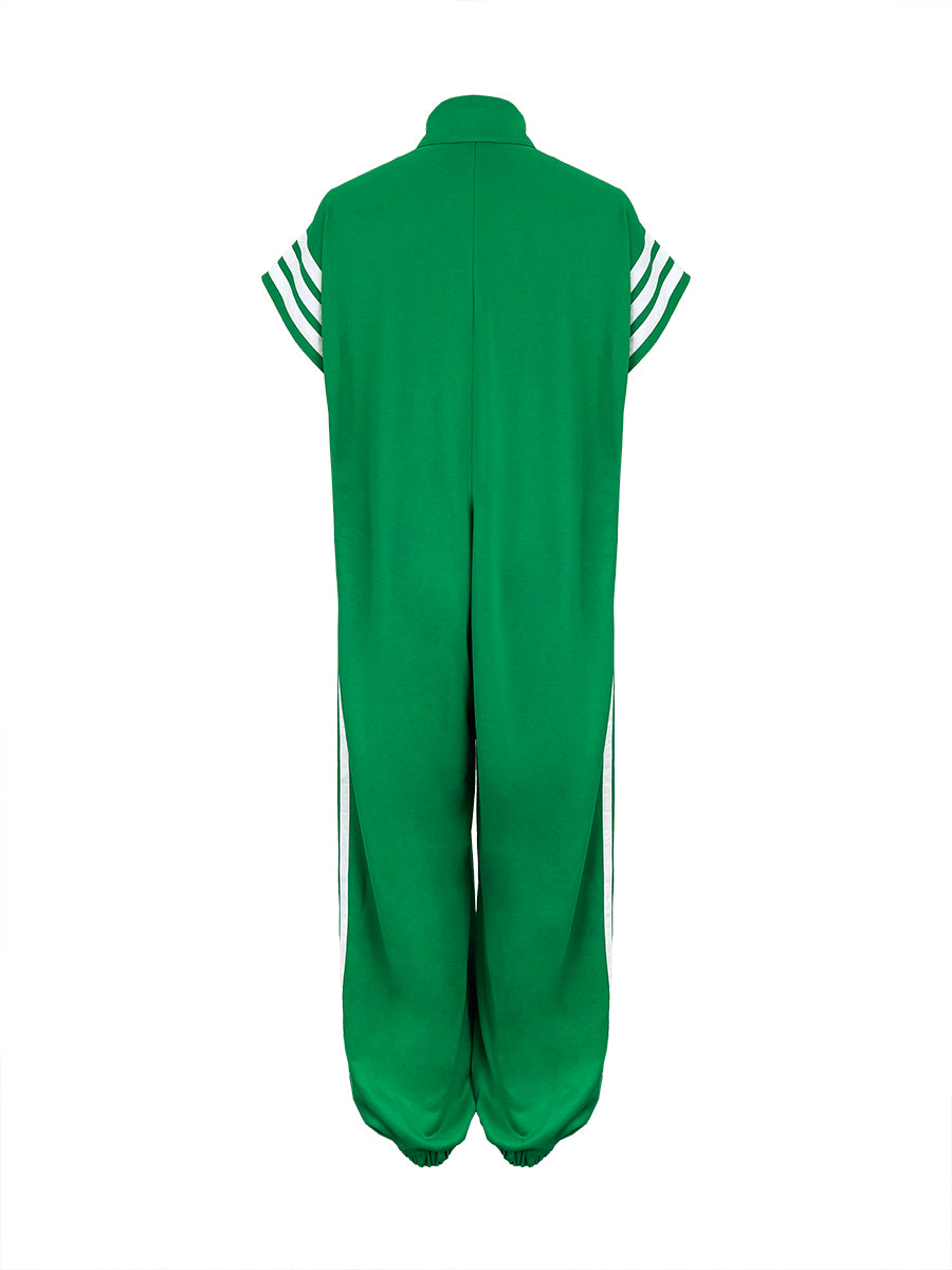 Loose Plus Size Contrast Color Pockets Split-Joint Striped Zipper Stand Collar Jumpsuits Ninth Pants