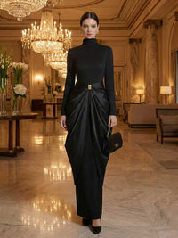 Long Sleeves Buckle Draped High-Neck Evening Dresses Maxi Dresses