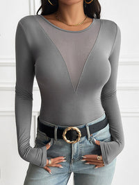 Long Sleeves Skinny See-Through Solid Color Deep V-Neck T-Shirts Tops