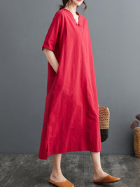 A-Line Loose Chinese Frog Buttons Pockets Solid Color Split-Side V-Neck Midi Dresses