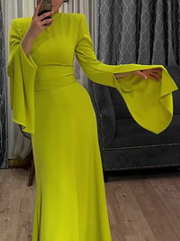 Ruffle Sleeves Skinny Belted Solid Color Round-Neck Maxi Dresses