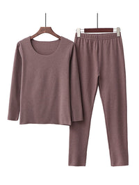 2PCS Plus Size Solid Color Round-Neck Top&Bottom Pajama Set
