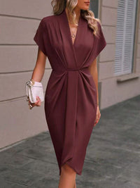 High-Low Loose Knot Pleated Solid Color Split-Front V-Neck Midi Dresses