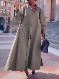 Long Sleeves Loose Solid Color Split-Joint Split-Side Lapel Maxi Dresses Shirt Dress