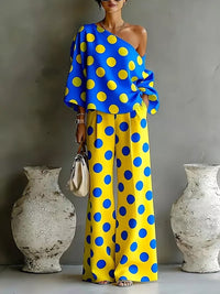 Long Sleeves Loose Asymmetric Polka-Dot One-Shoulder Blouses&Shirts Tops