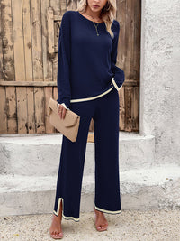 Long Sleeves Contrast Color Split-Joint Split-Side Round-Neck High-Low Sweater Tops +  Pants Bottom Two Pieces Set