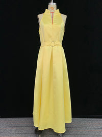Belted Pleated Pockets Solid Color A-line Loose V-neck Midi Dresses