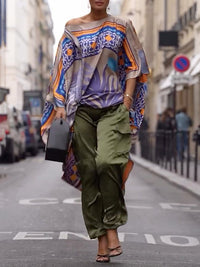 Batwing Sleeves Half Sleeves Contrast Color Printed One-shoulder Blouses&shirts Tops