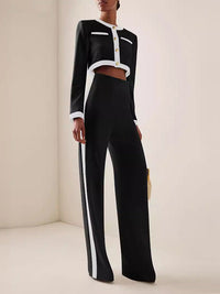 Long Sleeves Buttoned Split-Joint Round-Neck Blouses&Shirts Tops + High Waisted Pants Bottom Two Pieces Set