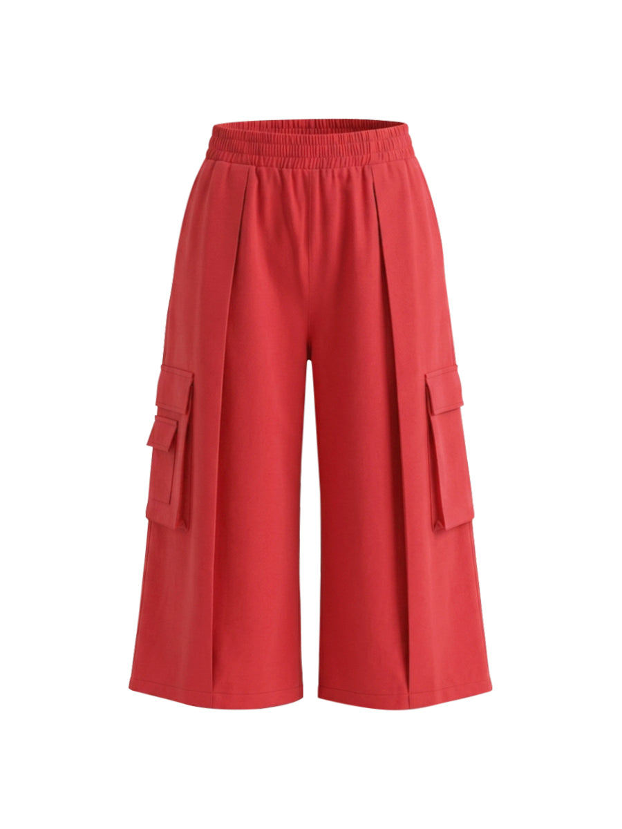 Elasticity Pockets Solid Color High Waisted Loose Trousers Pants