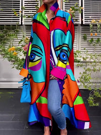 Irregular Clipping Loose Abstract Printed Multi-Colored Lapel Maxi Dresses Shirt Dress