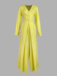 High Waisted Long Sleeves Buttoned Pockets Solid Color V-Neck Jumpsuits