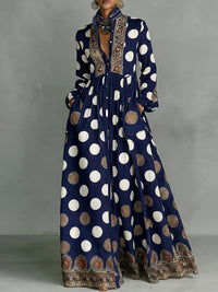 High Waisted Long Sleeves Big Hemline Buttoned Contrast Color Pleated Pockets Polka-Dot Stand Collar Maxi Dresses