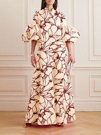 Loose Flower Shape Solid Color Stand Collar Lantern Sleeves Maxi Dresses