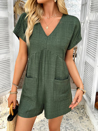 High Waisted Loose Backless Pockets Solid Color V-Neck Rompers