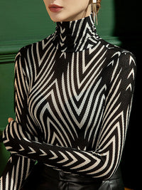 Long Sleeves Skinny Striped High-Neck T-Shirts Tops