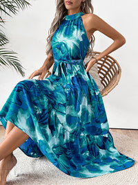 Loose Sleeveless Hollow Pleated Printed Split-Joint Tied Waist Round-Neck Midi Dresses