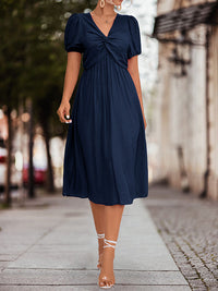 A-Line High Waisted Elasticity Knot Pleated Solid Color Split-Joint V-Neck Midi Dresses