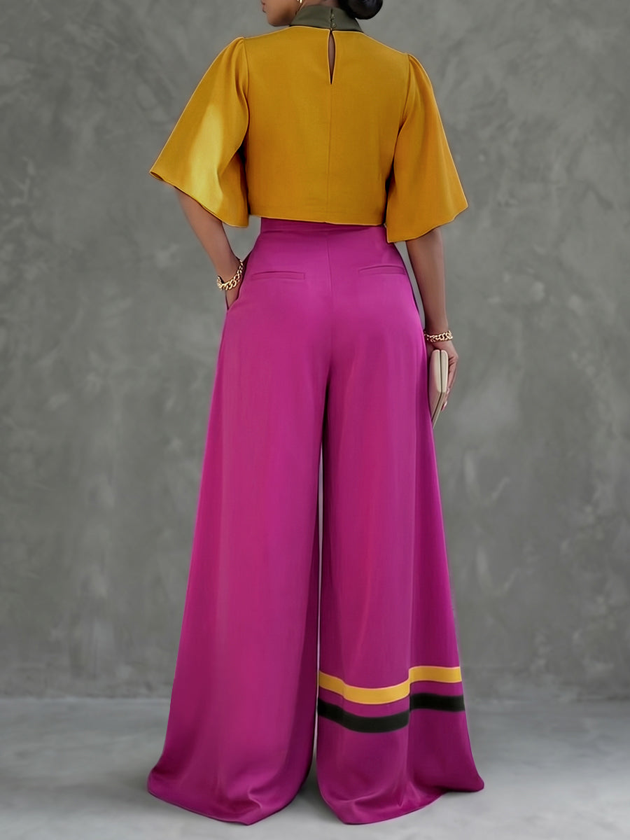 Contrast Color Pleated Cropped Flared Sleeves Stand Collar Blouses&Shirts Tops