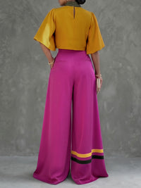 Contrast Color Pleated Cropped Flared Sleeves Stand Collar Blouses&Shirts Tops