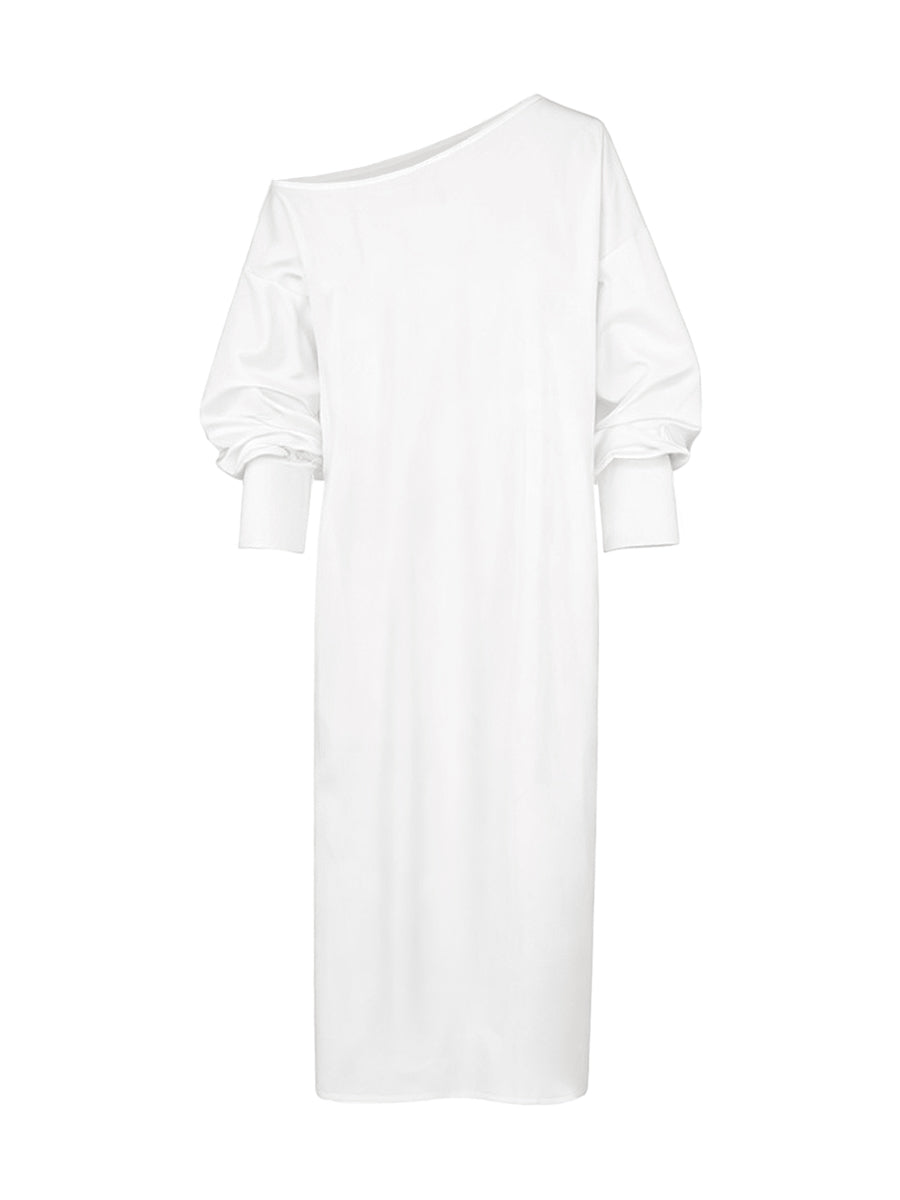 Solid Color Split-Side Long Sleeves Loose One-Shoulder Midi Dresses