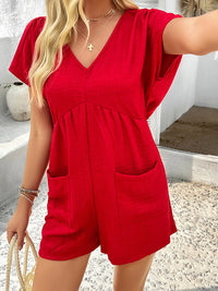 High Waisted Loose Backless Pockets Solid Color V-Neck Rompers