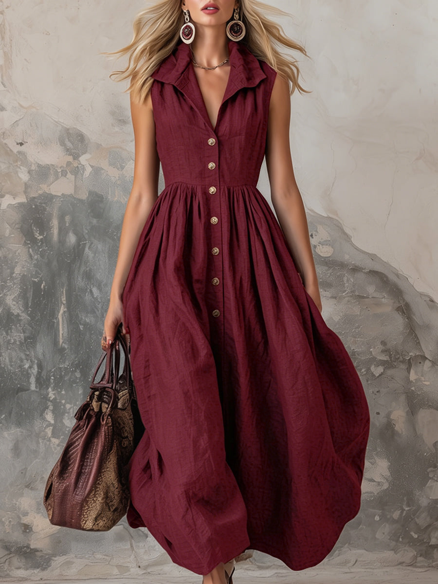 Buttoned Pleated Solid Color High Waisted Loose Lapel Maxi Dresses