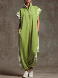 Loose Plus Size Contrast Color Pockets Split-Joint Striped Zipper Stand Collar Jumpsuits Ninth Pants