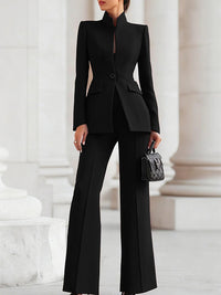 Long Sleeves Buttoned Pockets Solid Color Stand Collar Blazer Outerwear