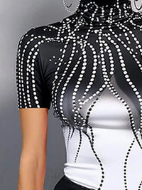 Short Sleeves Skinny Contrast Color Printed High Neck T-Shirts Tops