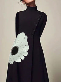 A-Line Long Sleeves Flower Print High Neck Midi Dresses