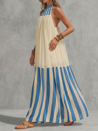 Contrast Color Pleated Striped A-Line Loose Halter-Neck Maxi Dresses