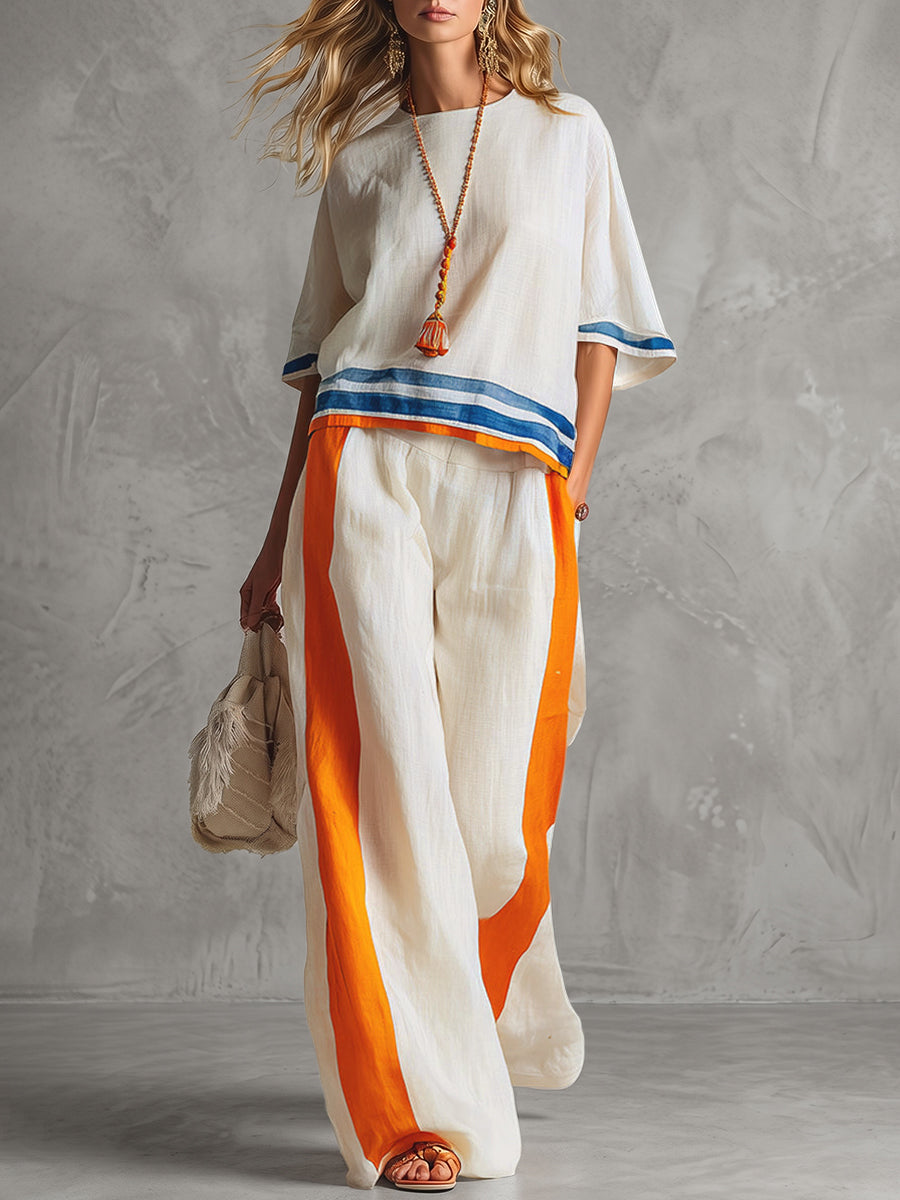 Striped Loose Three-quarter Sleeves Round-neck Blouses&shirts Tops