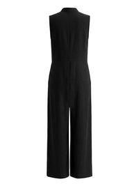 High Waisted Sleeveless Buttoned Pockets Solid Color Stand Collar Jumpsuits