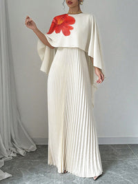 Cape Loose Floral Printed Pleated Split-Joint Round-Neck Evening Dresses Maxi Dresses