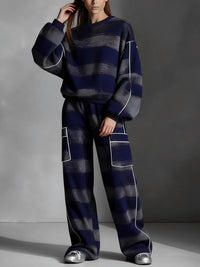 Loose Wide Leg Contrast Color Line Pockets Split-Joint Striped Pants