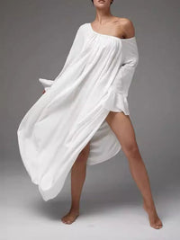 Flared Sleeves Loose Pleated Solid Color Split-Joint Round-Neck Maxi Dresses