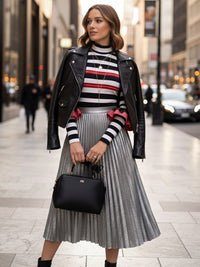 Long Sleeves Skinny Contrast Color Ruffled Split-Joint Striped Half Turtleneck Blouses&Shirts Tops
