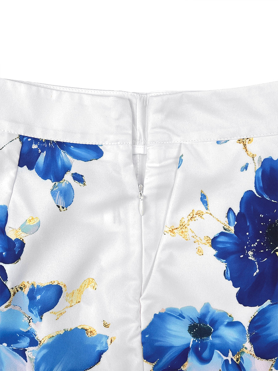 Flower Print Pockets Loose Wide Leg Shorts Bottoms