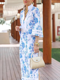 Flared Sleeves Loose Flower Print Split-Joint Split-Side Deep V-Neck Midi Dresses