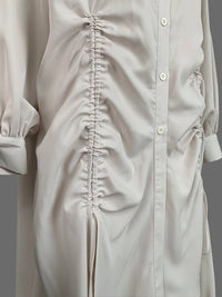 High-Low Long Sleeves Buttoned Drawstring Pleated Pockets Solid Color Lapel Midi Dresses