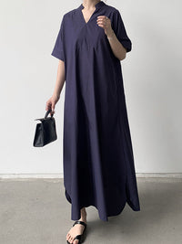 Loose Short Sleeves Solid Color V-Neck Maxi Dresses