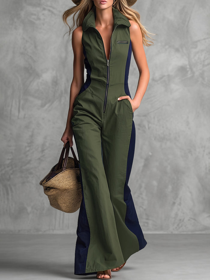 Sleeveless Wide Leg Contrast Color Pockets Zipper Lapel Jumpsuits