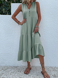 Loose Sleeveless Pleated Split-Joint V-Neck Midi Dresses