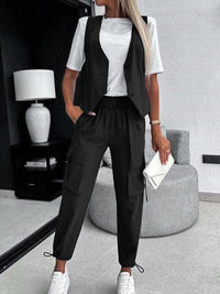 Loose Buttoned Striped V-Neck Vest Top + Drawstring Pockets Ninth Pants Pleated Pants Bottom Two Pieces Set