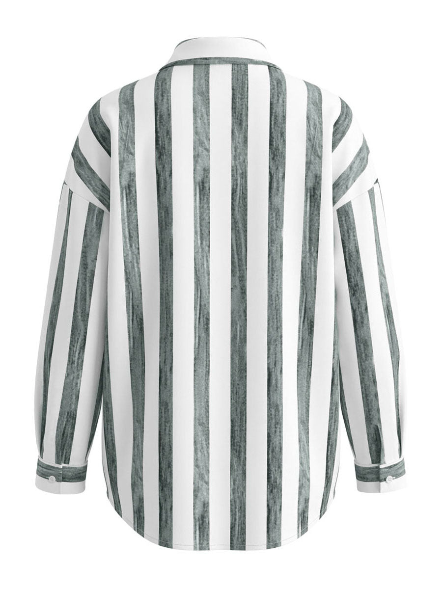 Long Sleeves Loose Buttoned Contrast Color Striped Lapel Blouses&Shirts Tops